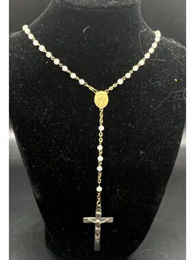 Vintage Gold Pearl Rosary Necklace Crucifix Religious Medal Catholic Jewelry